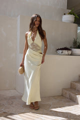 Call Me Yours Lace Halter Satin Maxi Dress Lemon