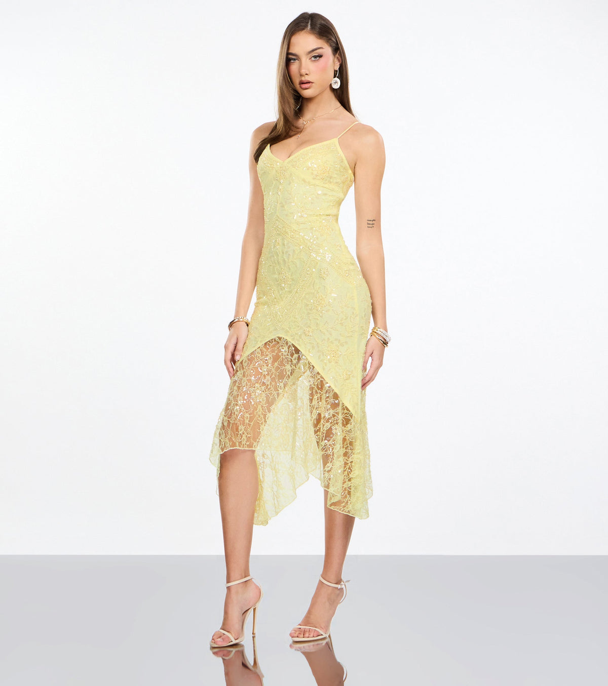 Roxie Beaded Lace Asymmetrical Midi Dress