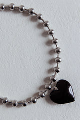 Lee Silver Bead Large Heart Necklace Black