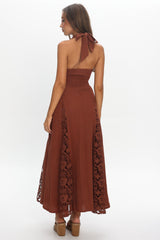 Claudette Halterneck Lace Trim Maxi Dress Chocolate