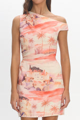 Heaven Asymmetric Watercolour Print Mini Dress Blush